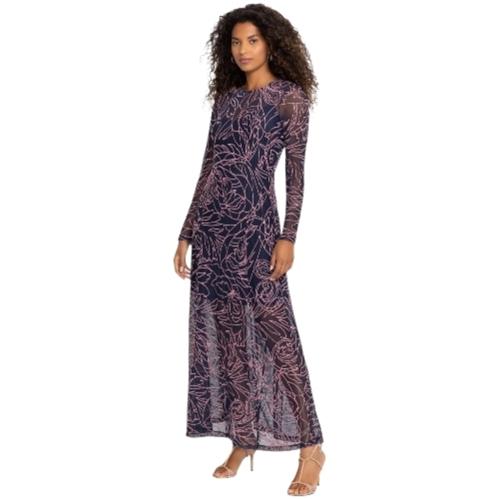 Johnny Was Serena Embroidered Mesh Maxi Dress Navy Pink Floral Long Sleeve Large - Picture 3 of 8